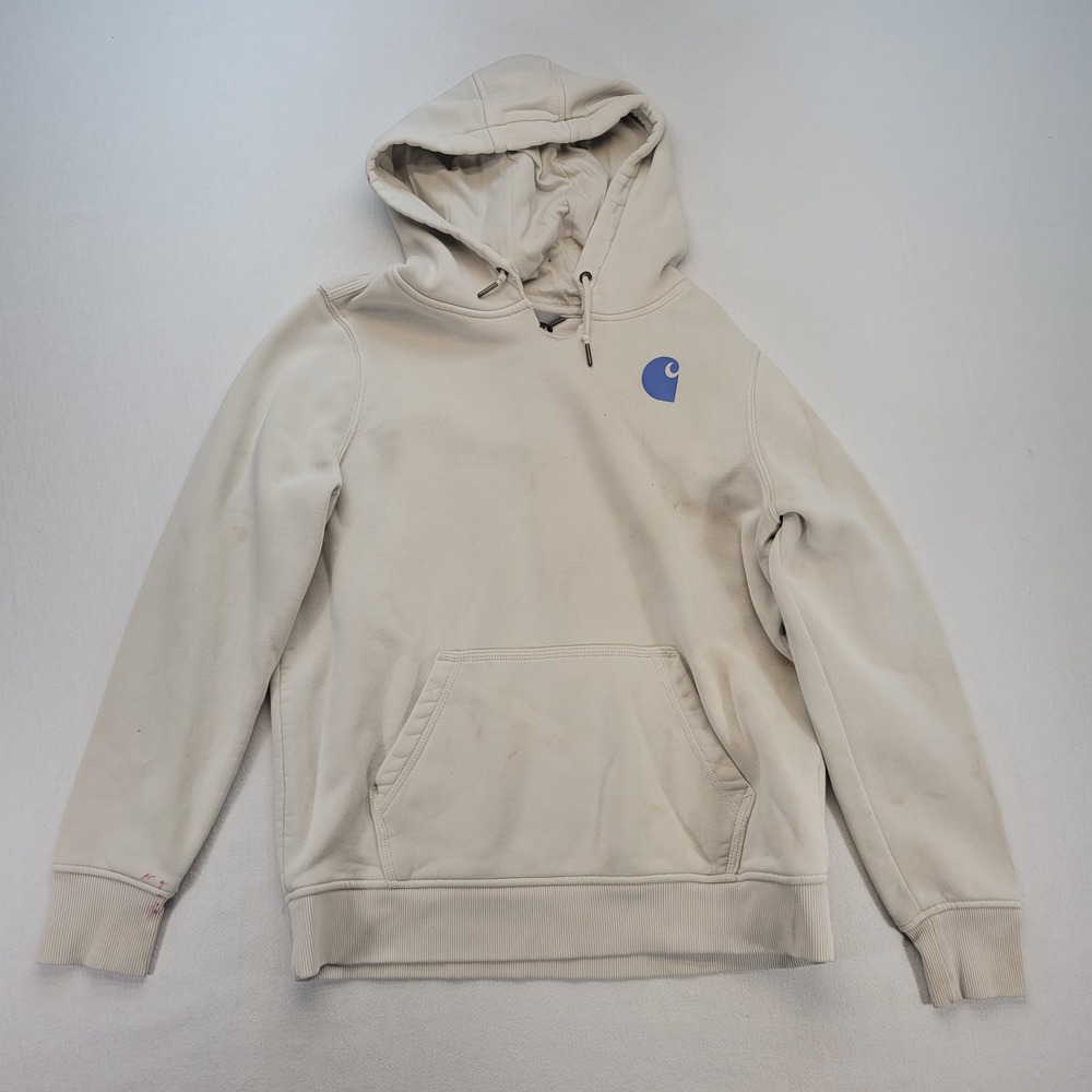 Carhartt Hoodie Boys L 12-14 Cream Relaxed Fit Distressed Pullover Sweatshirt